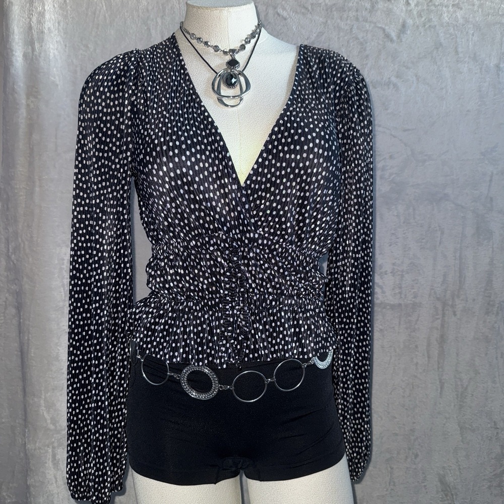Zara Women Black White Polka Dot Pleated‎ Peplum Top Long Sleeve V-Neck Size S
